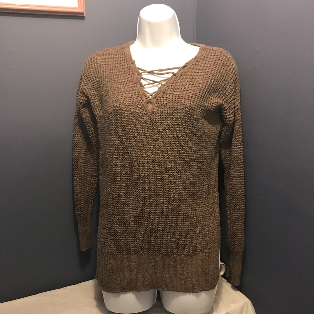 American Eagle Outfitters Lace Up Sweater Brown Knit Pullover Size XS